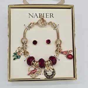 Napier Gold Bracelet with Red Charms Cardinal Wreath Bell Christmas New With Box